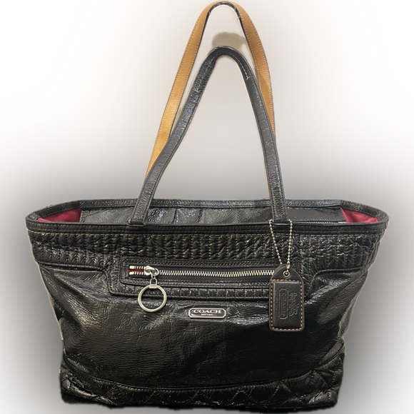 Coach Poppy Daisy Patent Leather Shoulder Tote – Black w Pink Interior- F15491 - Picture 1 of 10